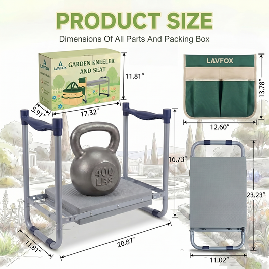 LAVFOX Heavy Duty Garden Kneeler Stool, Foldable 2-in-1 Gardening Bench Seat with Wider Thick EVA Pad, Portable Storage Tool Bag, Practical Garden Gifts for Seniors, Women, and Men