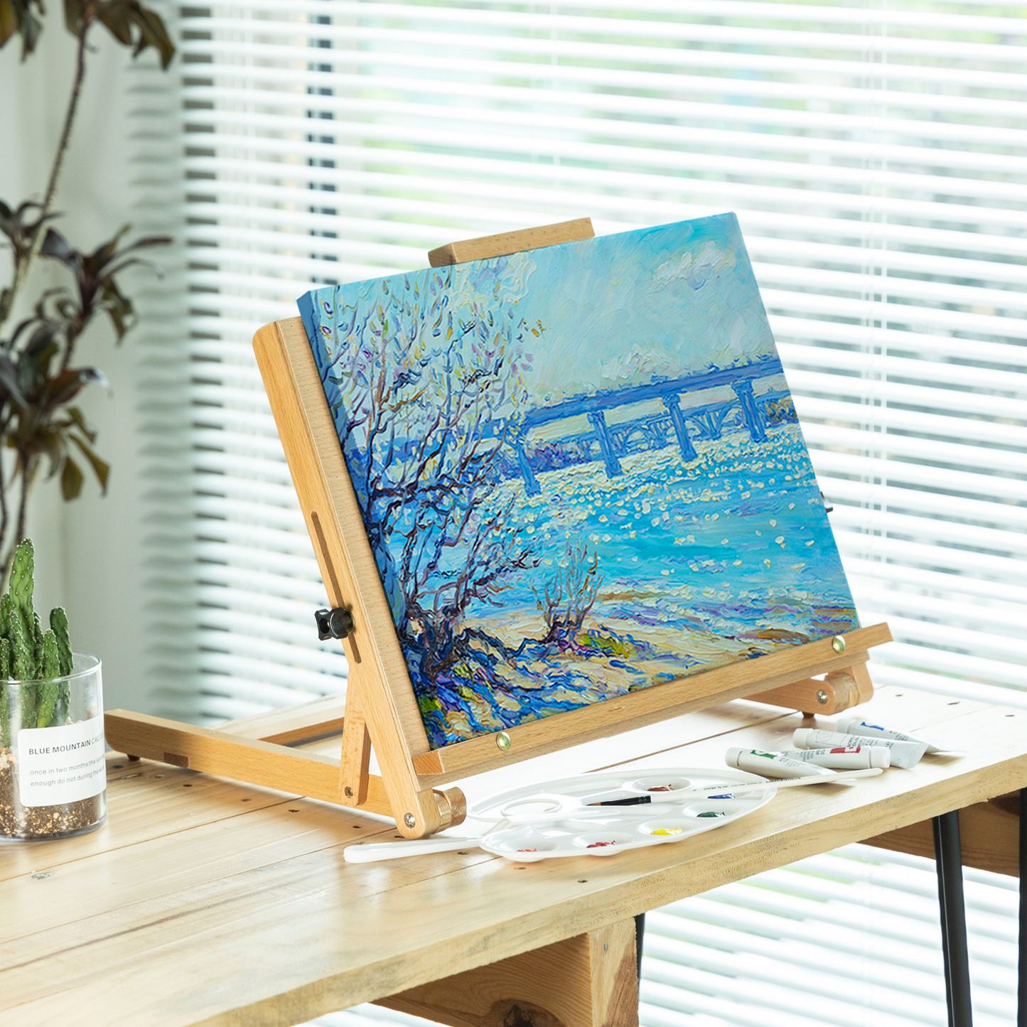 LAVFOX Tabletop Easel for Painting, Premium Wood Desktop Art Easel with Storage Supply Drawer, Adjustable Wooden A-Frame Painting Board Display Stand for Artists and Students, Natural Beech Wood