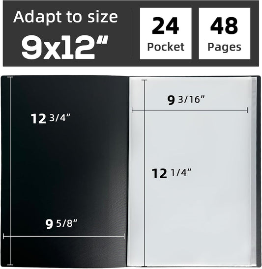 LAVFOX Art Portfolio Folder with Plastic Sleeves, 24-Pocket Presentation Binder Book Displaying 48 Pages for Artwork and Photography Storage, Black