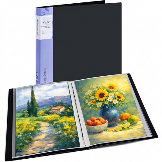 LAVFOX Art Portfolio Folder with Plastic Sleeves, 24-Pocket Presentation Binder Book Displaying 48 Pages for Artwork and Photography Storage, Black