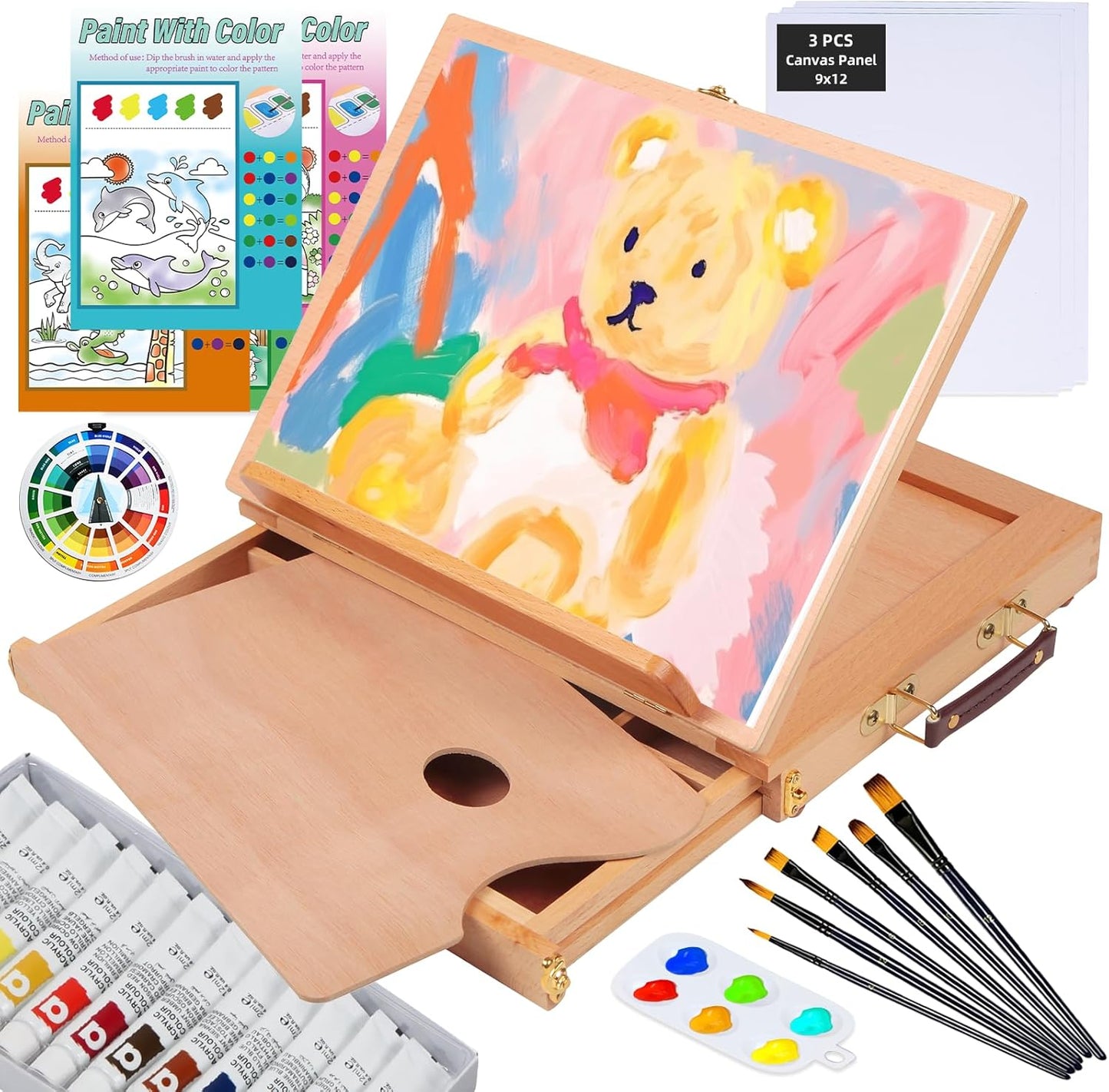 LAVFOX 29-Piece Acrylic Paint Set with Tabletop Wood Easel, Complete Painting Kit with 12 Colors, Canvas Panels, Brushes, and Palette for Artists, Gift Set