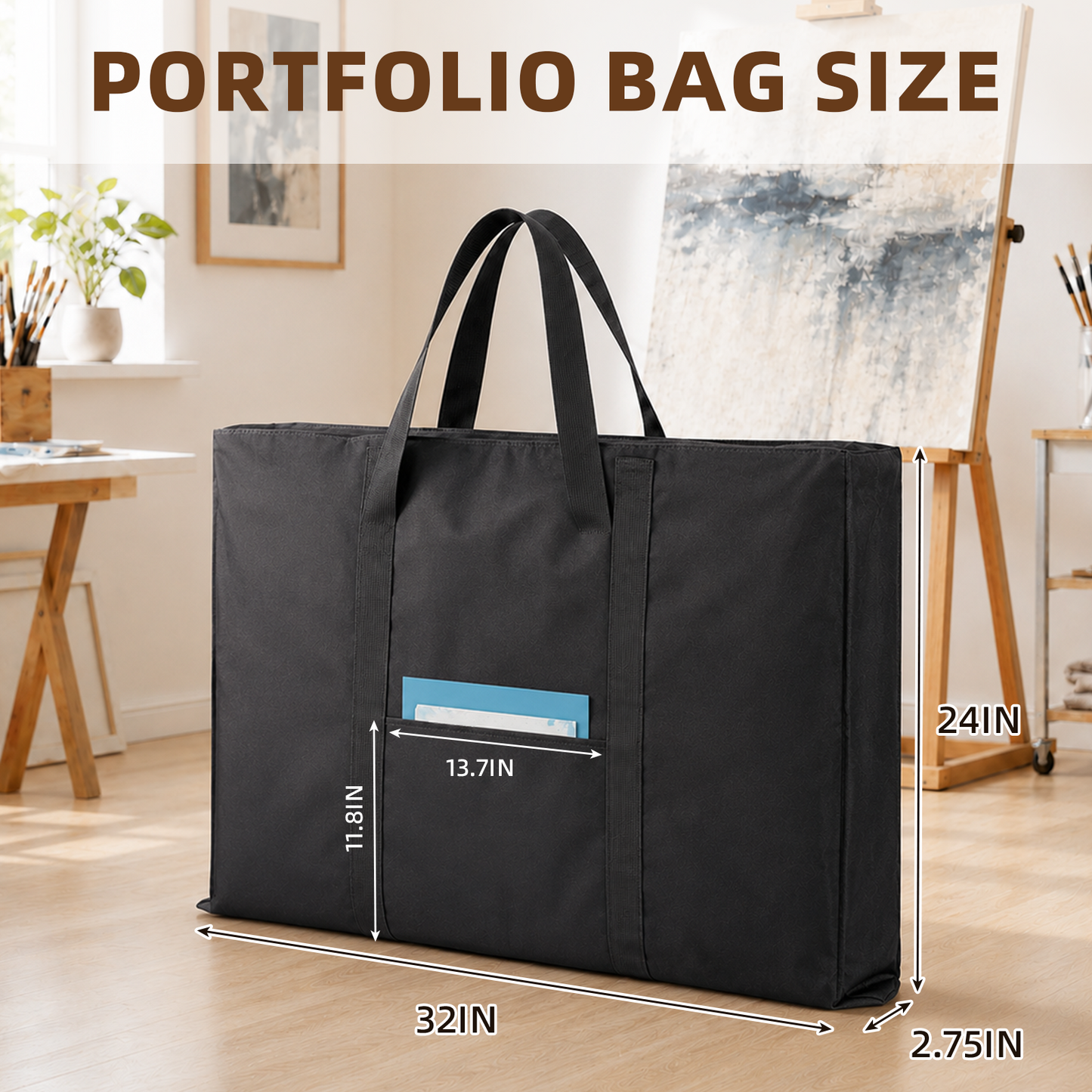 LAVFOX Art Portfolio Tote, Lightweight Weather-Resistant Artwork Carrying Case with Handles for Posters, Sketching Boards, and Drawing Supplies, Black