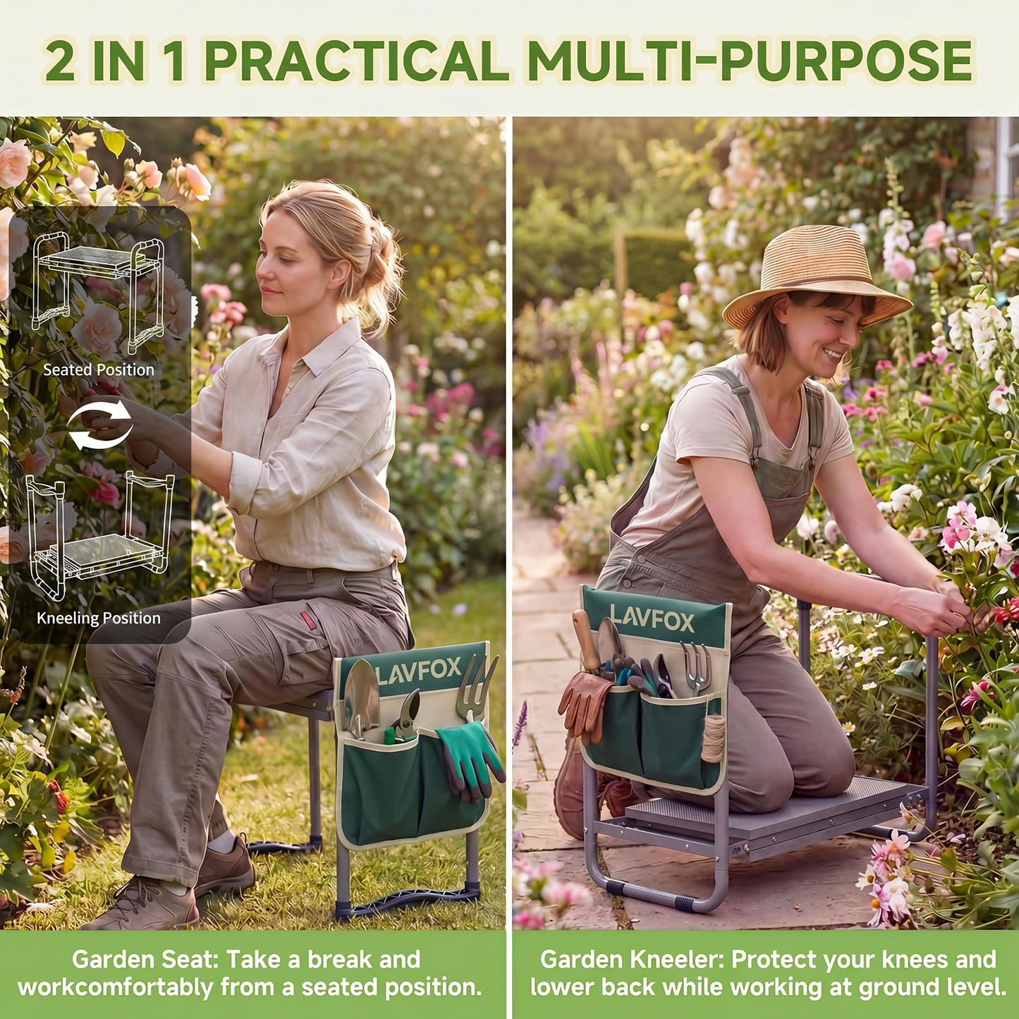 LAVFOX Heavy Duty Garden Kneeler Stool, Foldable 2-in-1 Gardening Bench Seat with Wider Thick EVA Pad, Portable Storage Tool Bag, Practical Garden Gifts for Seniors, Women, and Men