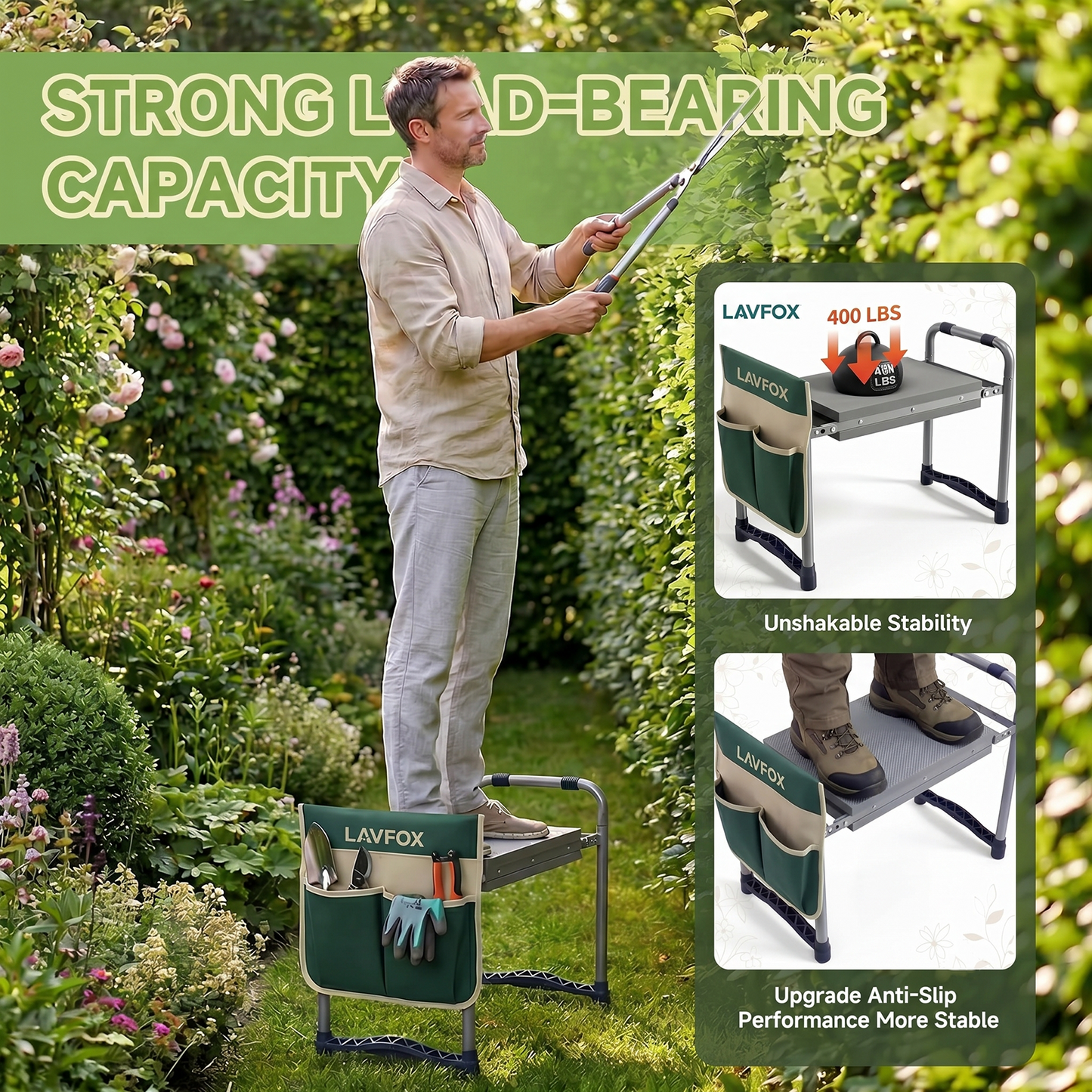 LAVFOX Heavy Duty Garden Kneeler Stool, Foldable 2-in-1 Gardening Bench Seat with Wider Thick EVA Pad, Portable Storage Tool Bag, Practical Garden Gifts for Seniors, Women, and Men