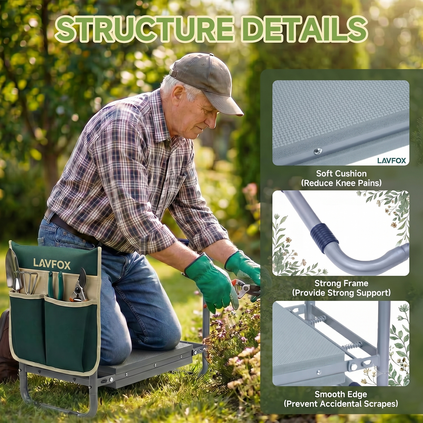 LAVFOX Heavy Duty Garden Kneeler Stool, Foldable 2-in-1 Gardening Bench Seat with Wider Thick EVA Pad, Portable Storage Tool Bag, Practical Garden Gifts for Seniors, Women, and Men