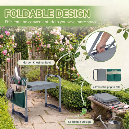 LAVFOX Heavy Duty Garden Kneeler Stool, Foldable 2-in-1 Gardening Bench Seat with Wider Thick EVA Pad, Portable Storage Tool Bag, Practical Garden Gifts for Seniors, Women, and Men