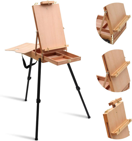 LAVFOX Lightweight French Style Field Easel with Aluminum Tripod, Adjustable Beechwood Standing Sketchbox Easel with Storage Drawer and Palette for Artists