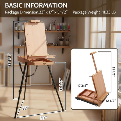 LAVFOX Lightweight French Style Field Easel with Aluminum Tripod, Adjustable Beechwood Standing Sketchbox Easel with Storage Drawer and Palette for Artists