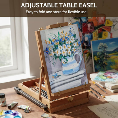 LAVFOX Lightweight French Style Field Easel with Aluminum Tripod, Adjustable Beechwood Standing Sketchbox Easel with Storage Drawer and Palette for Artists