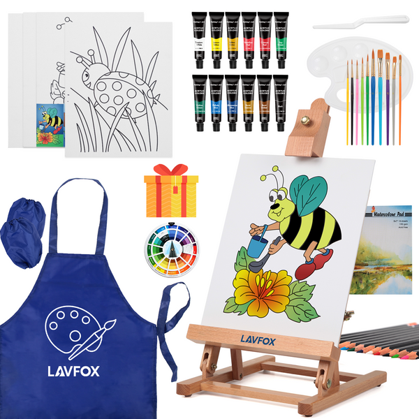 Kids Acrylic Painting Starter Kit with Table Easel, 52-Piece Art Set Including Paints, Brushes, Canvas Panels and Art Smock for Beginners