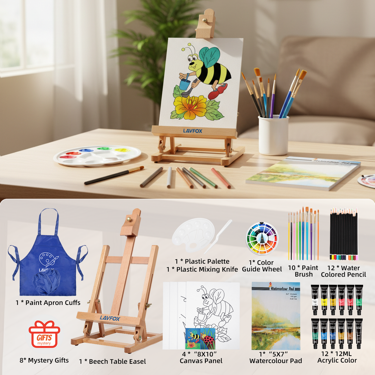 Kids Acrylic Painting Starter Kit with Table Easel, 52-Piece Art Set Including Paints, Brushes, Canvas Panels and Art Smock for Beginners