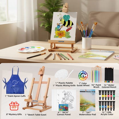 Kids Acrylic Painting Starter Kit with Table Easel, 52-Piece Art Set Including Paints, Brushes, Canvas Panels and Art Smock for Beginners