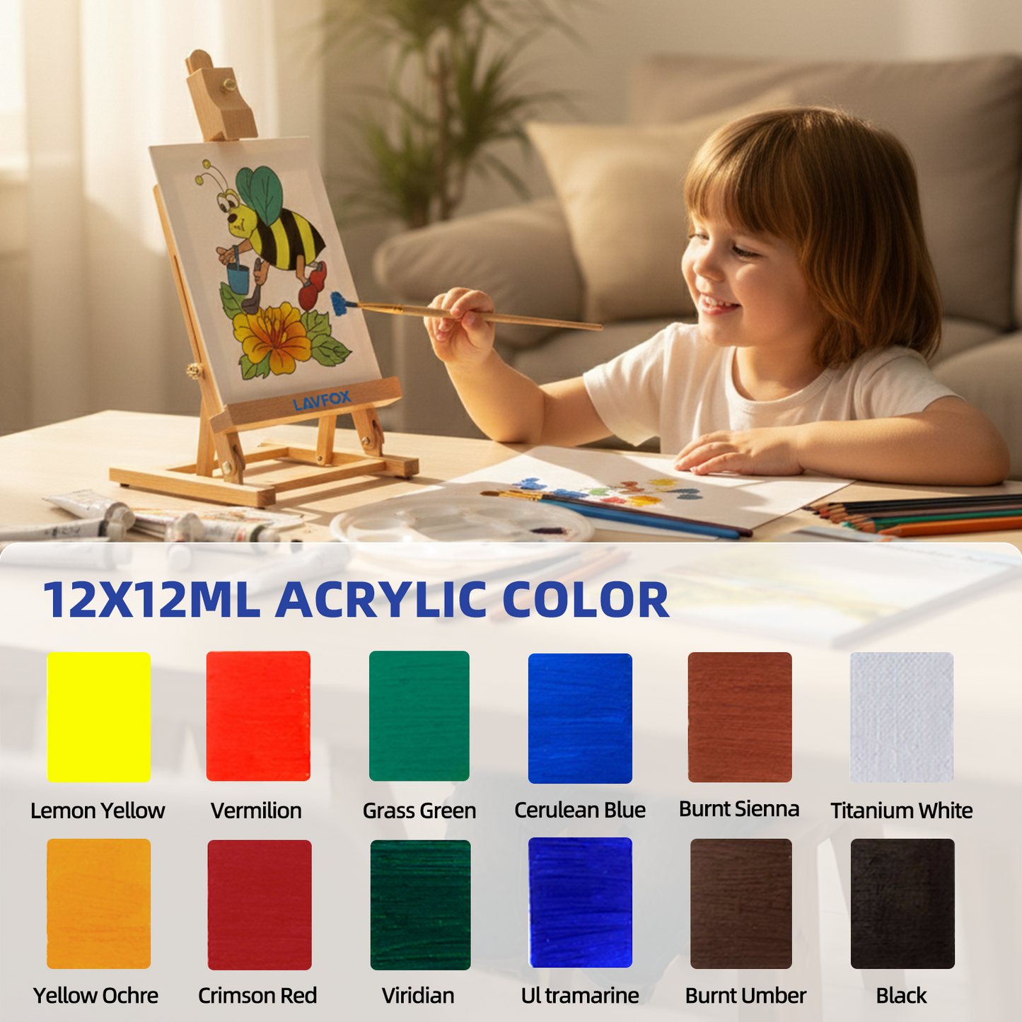 Kids Acrylic Painting Starter Kit with Table Easel, 52-Piece Art Set Including Paints, Brushes, Canvas Panels and Art Smock for Beginners
