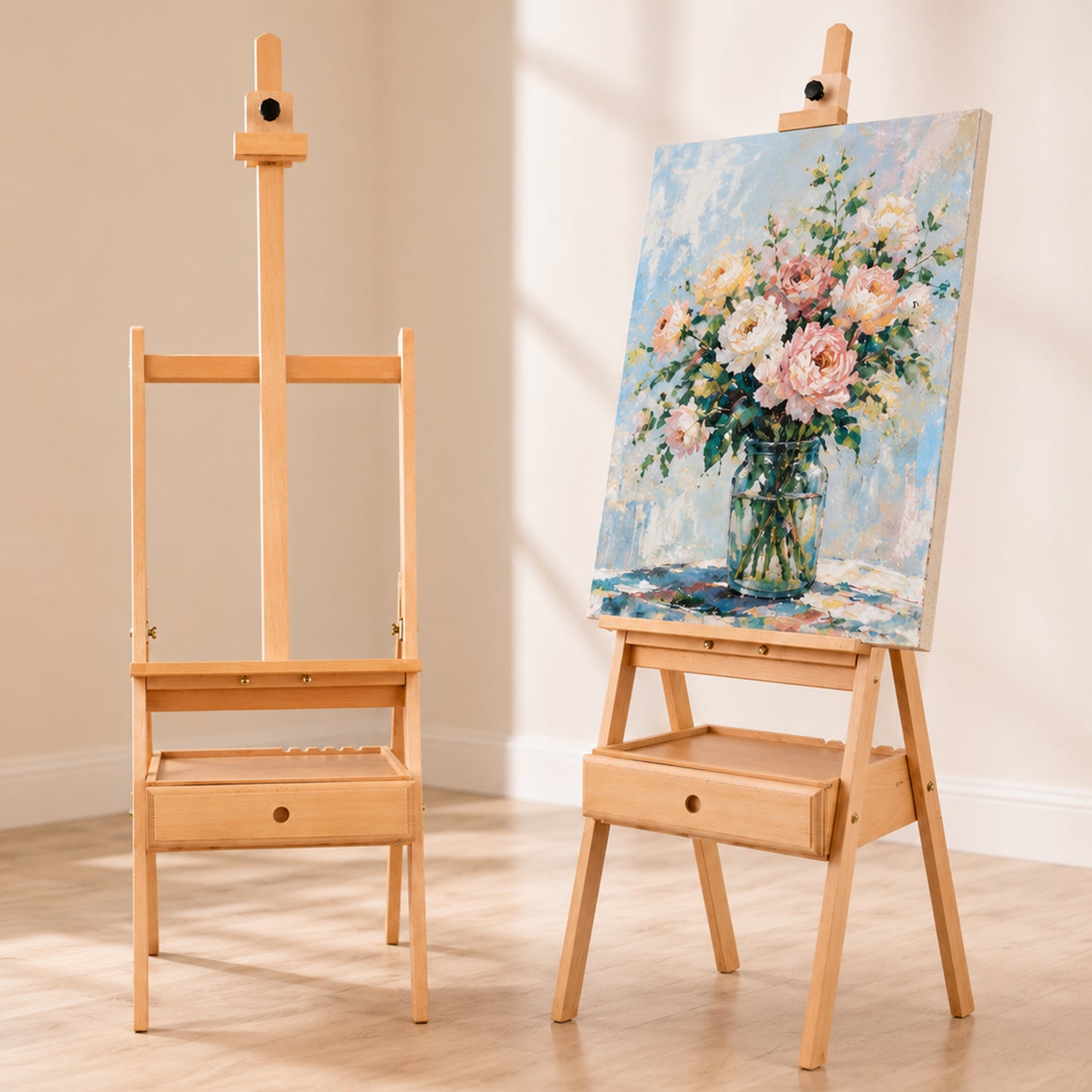 LAVFOX H-Frame Studio Easel with Storage Drawer, Adjustable Beechwood Artist Easel Stand Holds Canvas Up to 35 Inch, Natural