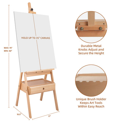 LAVFOX H-Frame Studio Easel with Storage Drawer, Adjustable Beechwood Artist Easel Stand Holds Canvas Up to 35 Inch, Natural