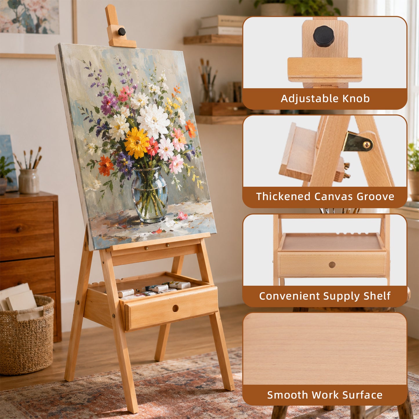 LAVFOX H-Frame Studio Easel with Storage Drawer, Adjustable Beechwood Artist Easel Stand Holds Canvas Up to 35 Inch, Natural