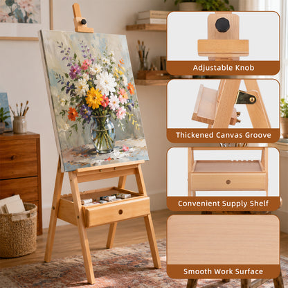 LAVFOX H-Frame Studio Easel with Storage Drawer, Adjustable Beechwood Artist Easel Stand Holds Canvas Up to 35 Inch, Natural