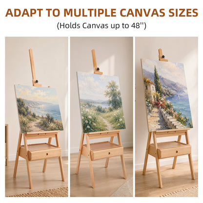 LAVFOX H-Frame Studio Easel with Storage Drawer, Adjustable Beechwood Artist Easel Stand Holds Canvas Up to 35 Inch, Natural