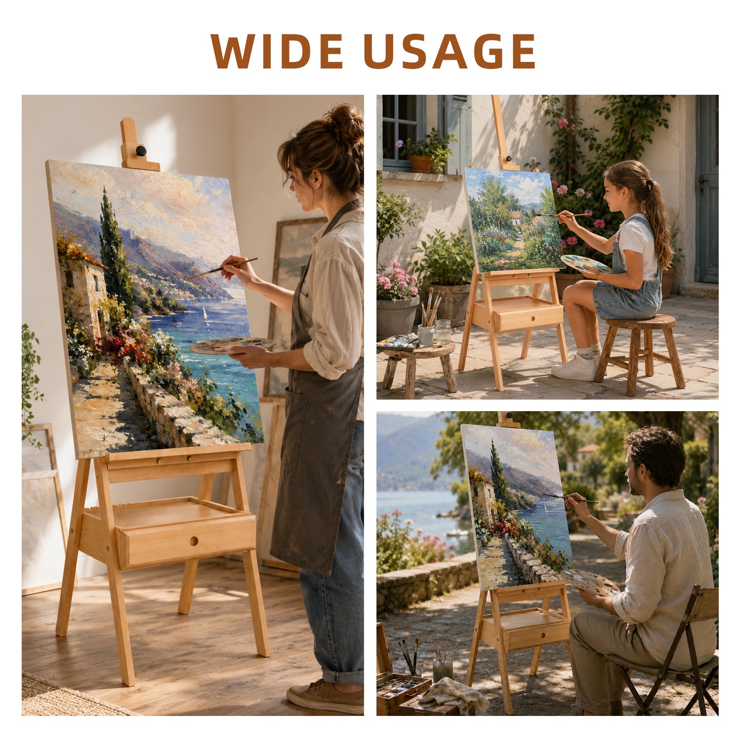 LAVFOX H-Frame Studio Easel with Storage Drawer, Adjustable Beechwood Artist Easel Stand Holds Canvas Up to 35 Inch, Natural