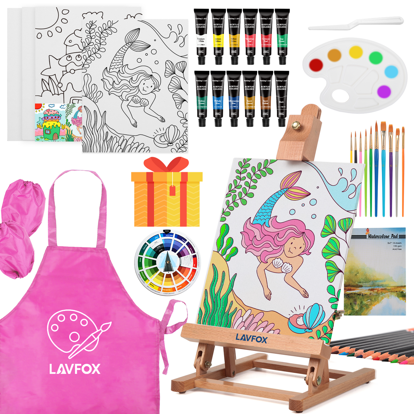 Kids Acrylic Painting Starter Kit with Table Easel, 52-Piece Art Set Including Paints, Brushes, Canvas Panels and Art Smock for Beginners