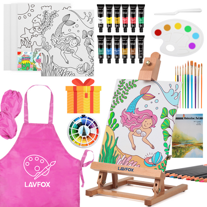 Kids Acrylic Painting Starter Kit with Table Easel, 52-Piece Art Set Including Paints, Brushes, Canvas Panels and Art Smock for Beginners