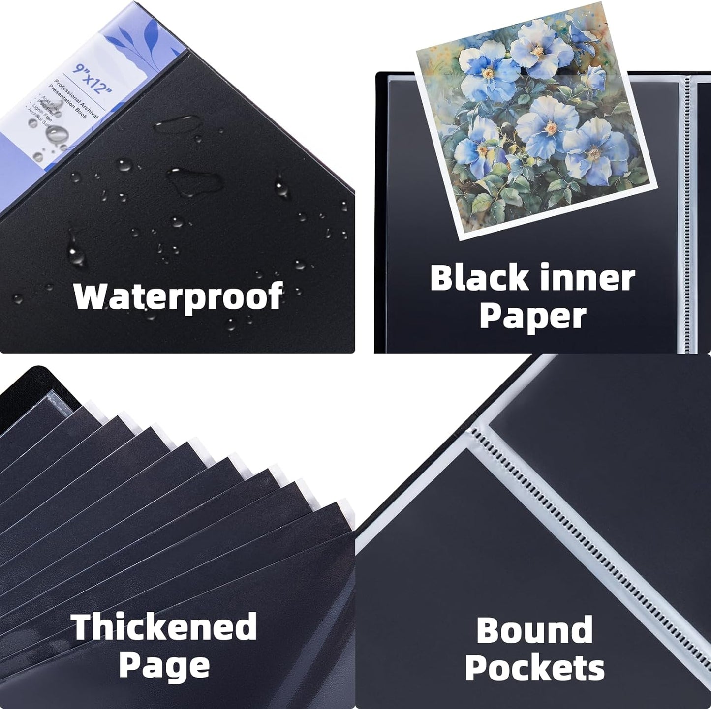 LAVFOX Art Portfolio Folder with Plastic Sleeves, 24-Pocket Presentation Binder Book Displaying 48 Pages for Artwork and Photography Storage, Black
