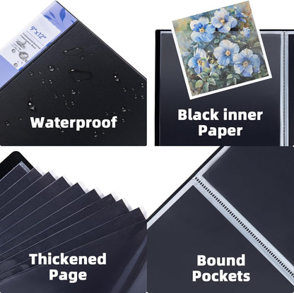 LAVFOX Art Portfolio Folder with Plastic Sleeves, 24-Pocket Presentation Binder Book Displaying 48 Pages for Artwork and Photography Storage, Black
