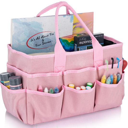 LAVFOX Craft Organizer Tote Bag, Multi-Pocket Art Storage Caddy Bag for Sewing, Scrapbooking, and Drawing, Portable Desktop Utility Organizer for Medical and Office Supplies, Blush Pink