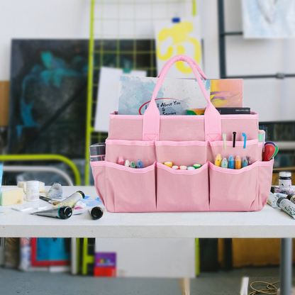 LAVFOX Craft Organizer Tote Bag, Multi-Pocket Art Storage Caddy Bag for Sewing, Scrapbooking, and Drawing, Portable Desktop Utility Organizer for Medical and Office Supplies, Blush Pink