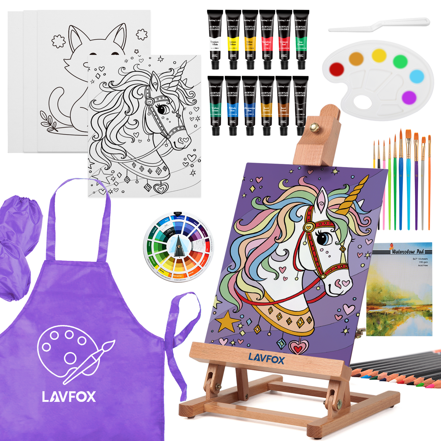 Kids Acrylic Painting Starter Kit with Table Easel, 52-Piece Art Set Including Paints, Brushes, Canvas Panels and Art Smock for Beginners