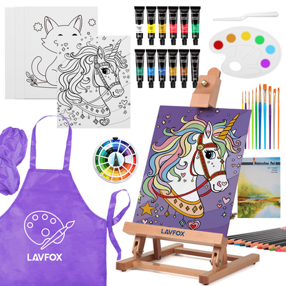 Kids Acrylic Painting Starter Kit with Table Easel, 52-Piece Art Set Including Paints, Brushes, Canvas Panels and Art Smock for Beginners