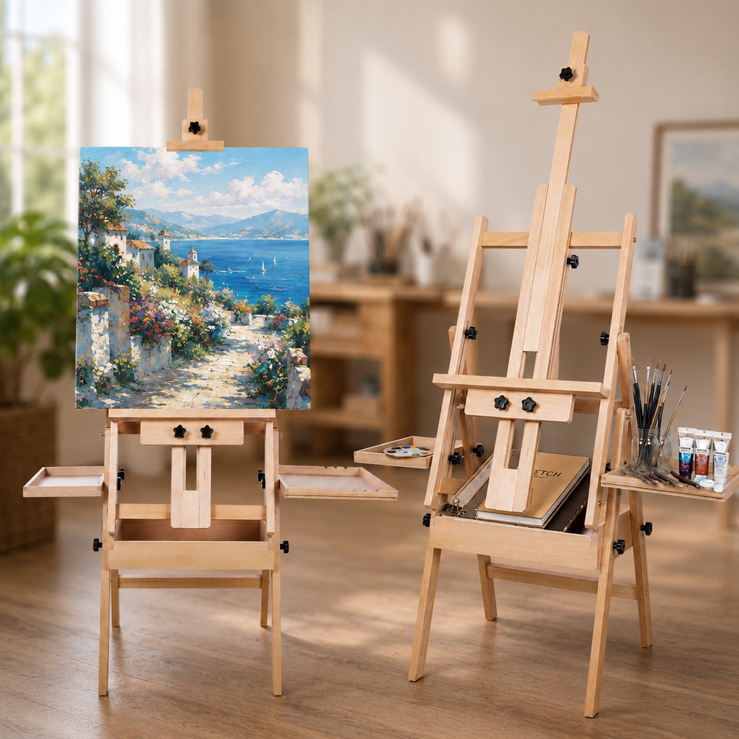LAVFOX Large Horizontal Studio Easel with Storage Drawer, H-Frame Wooden Artist Stand Holds Canvas Up to 50 Inch