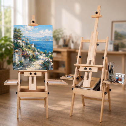 LAVFOX Large Horizontal Studio Easel with Storage Drawer, H-Frame Wooden Artist Stand Holds Canvas Up to 50 Inch