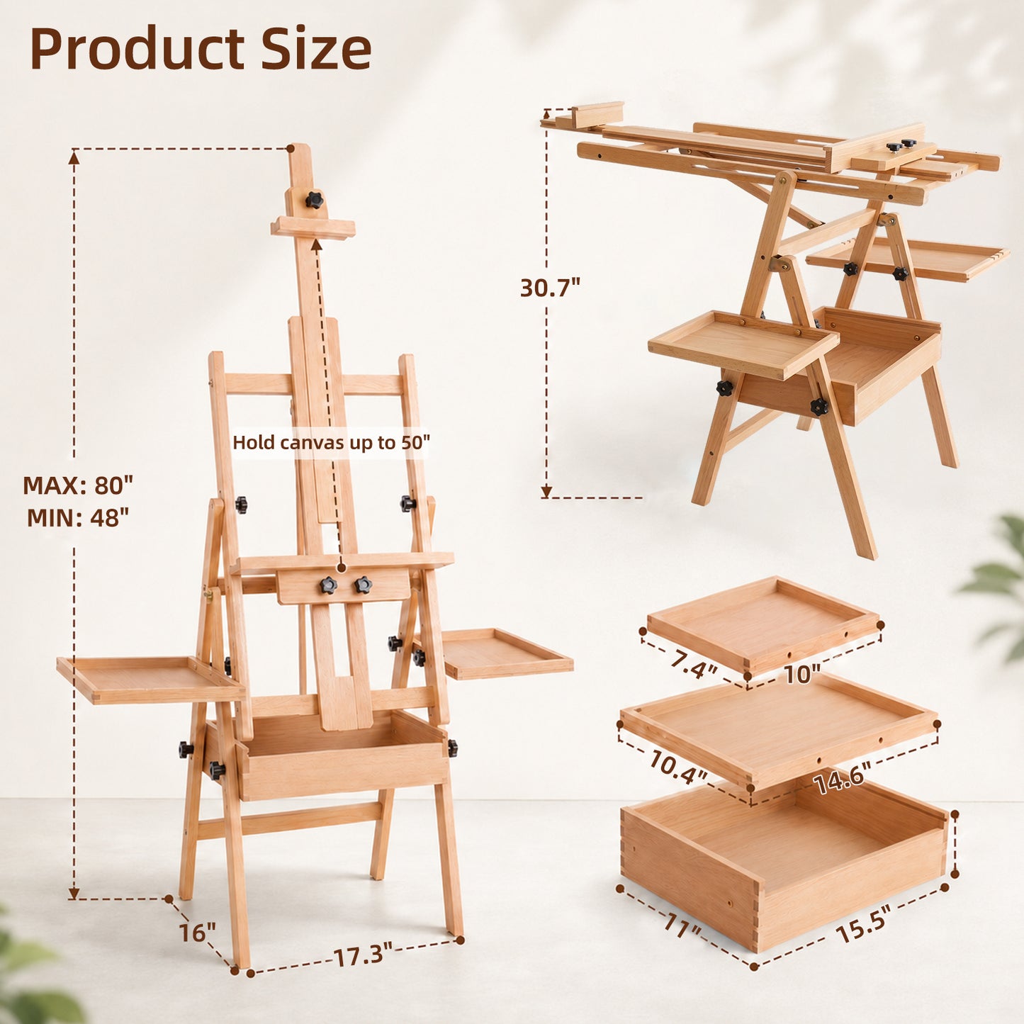 LAVFOX Large Horizontal Studio Easel with Storage Drawer, H-Frame Wooden Artist Stand Holds Canvas Up to 50 Inch