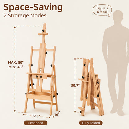 LAVFOX Large Horizontal Studio Easel with Storage Drawer, H-Frame Wooden Artist Stand Holds Canvas Up to 50 Inch