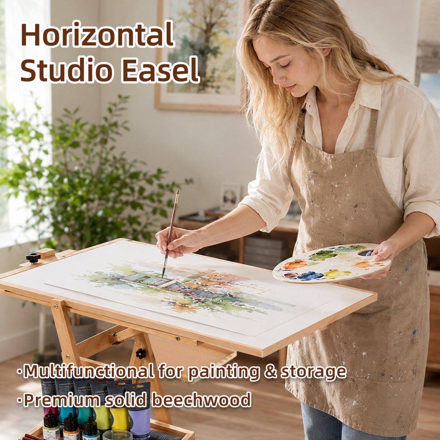 LAVFOX Large Horizontal Studio Easel with Storage Drawer, H-Frame Wooden Artist Stand Holds Canvas Up to 50 Inch