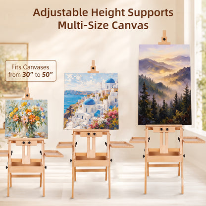LAVFOX Large Horizontal Studio Easel with Storage Drawer, H-Frame Wooden Artist Stand Holds Canvas Up to 50 Inch