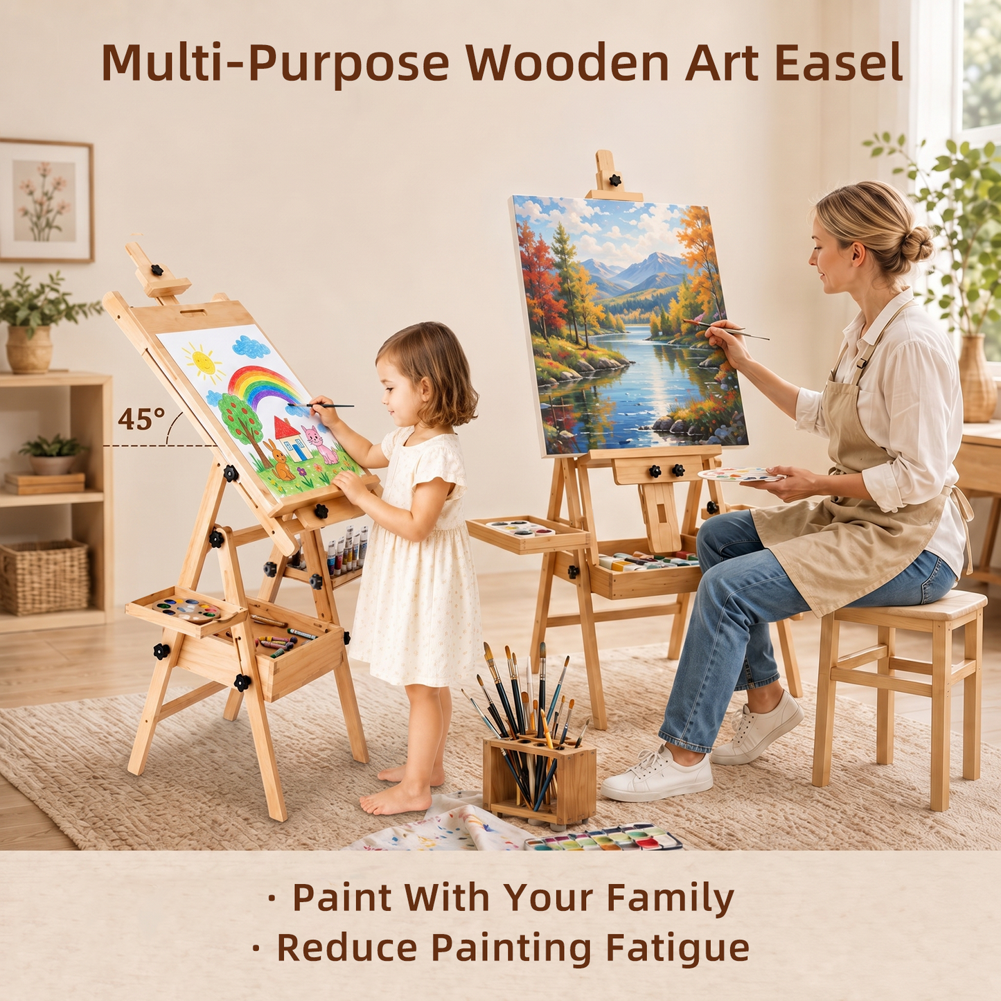 LAVFOX Large Horizontal Studio Easel with Storage Drawer, H-Frame Wooden Artist Stand Holds Canvas Up to 50 Inch