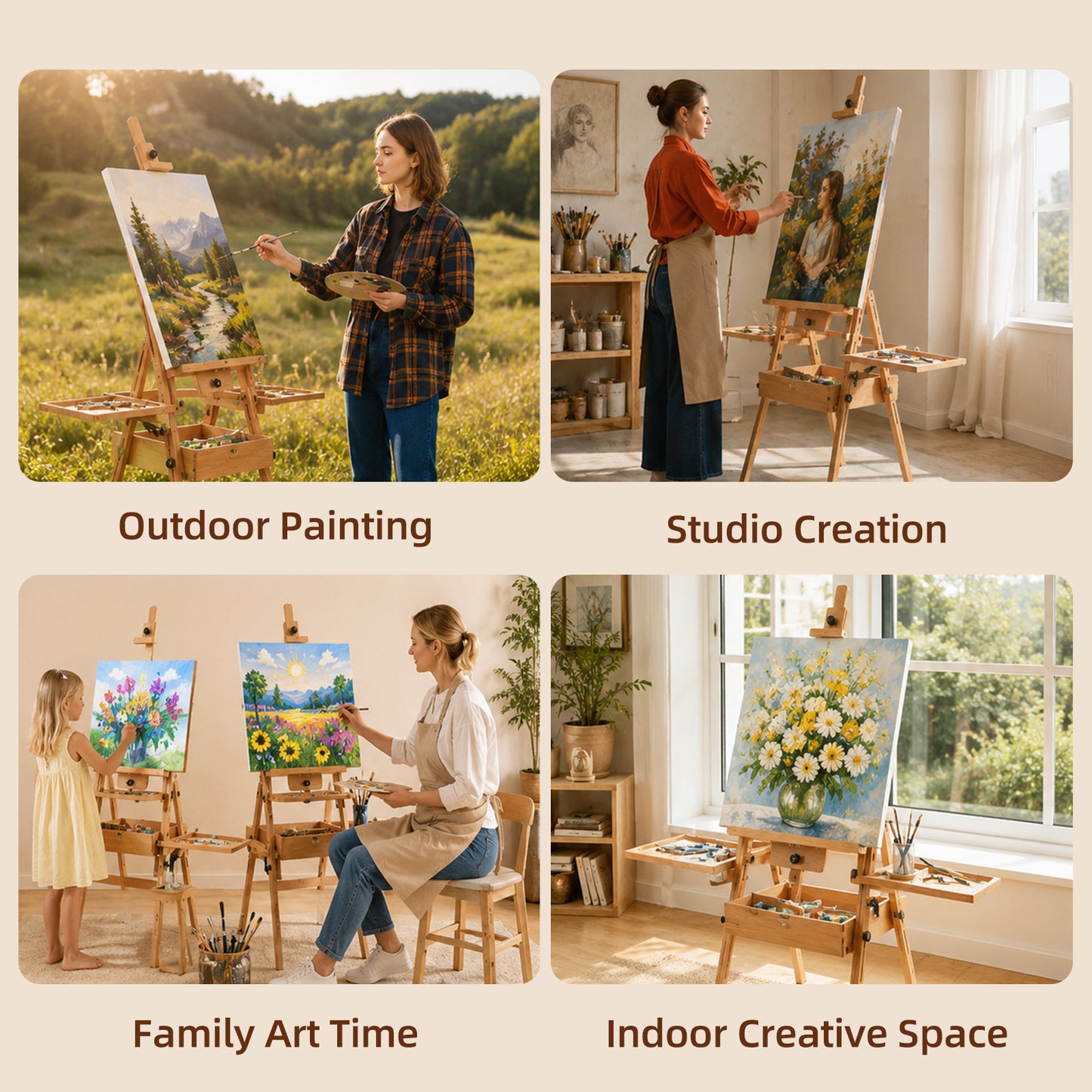 LAVFOX Large Horizontal Studio Easel with Storage Drawer, H-Frame Wooden Artist Stand Holds Canvas Up to 50 Inch