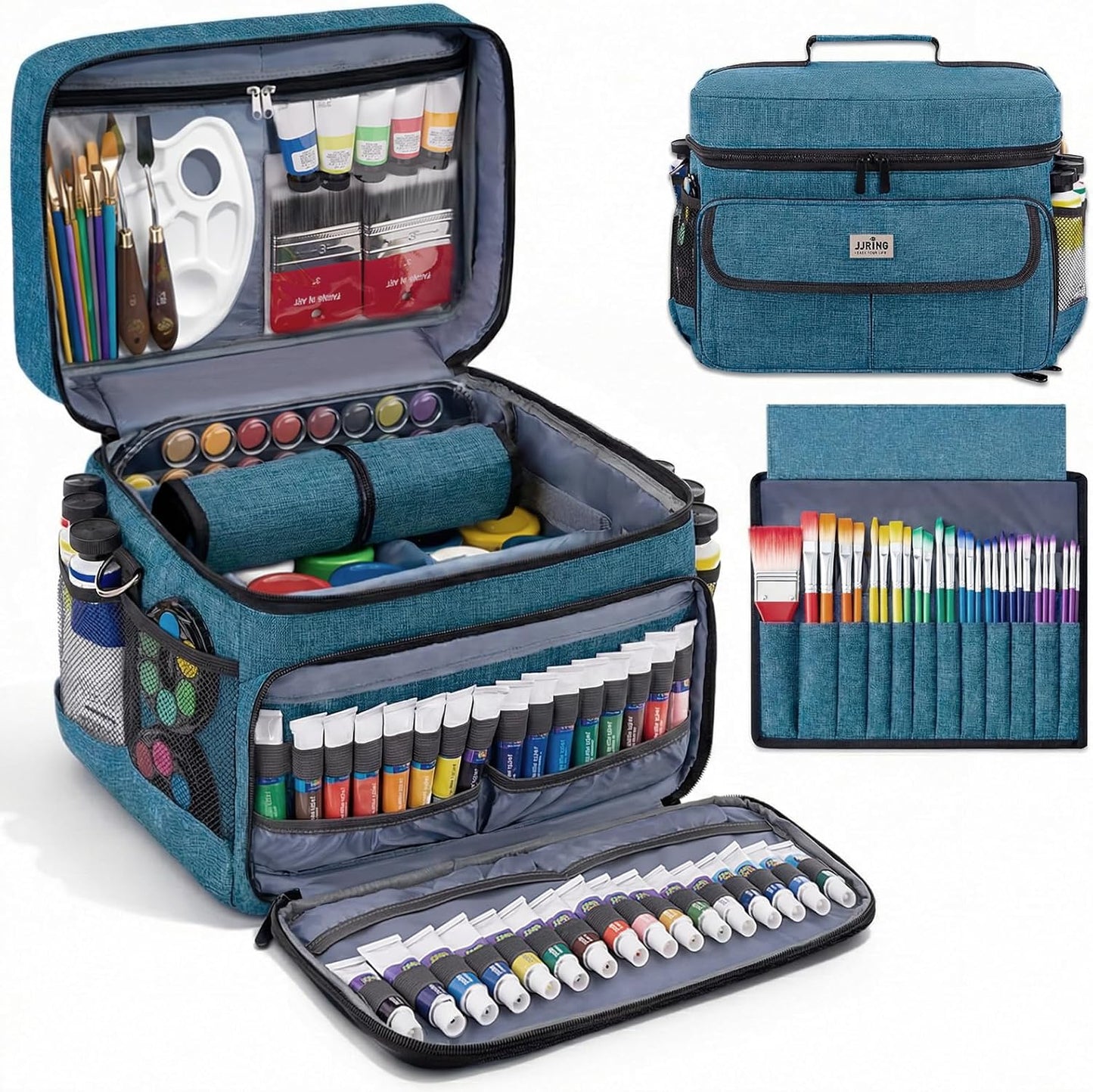 LAVFOX Adjustable Paint Storage Bag, Portable Art Supplies Organizer Tote with 12 Brush Slots for Multi-Size Acrylic Bottles and Craft Accessories