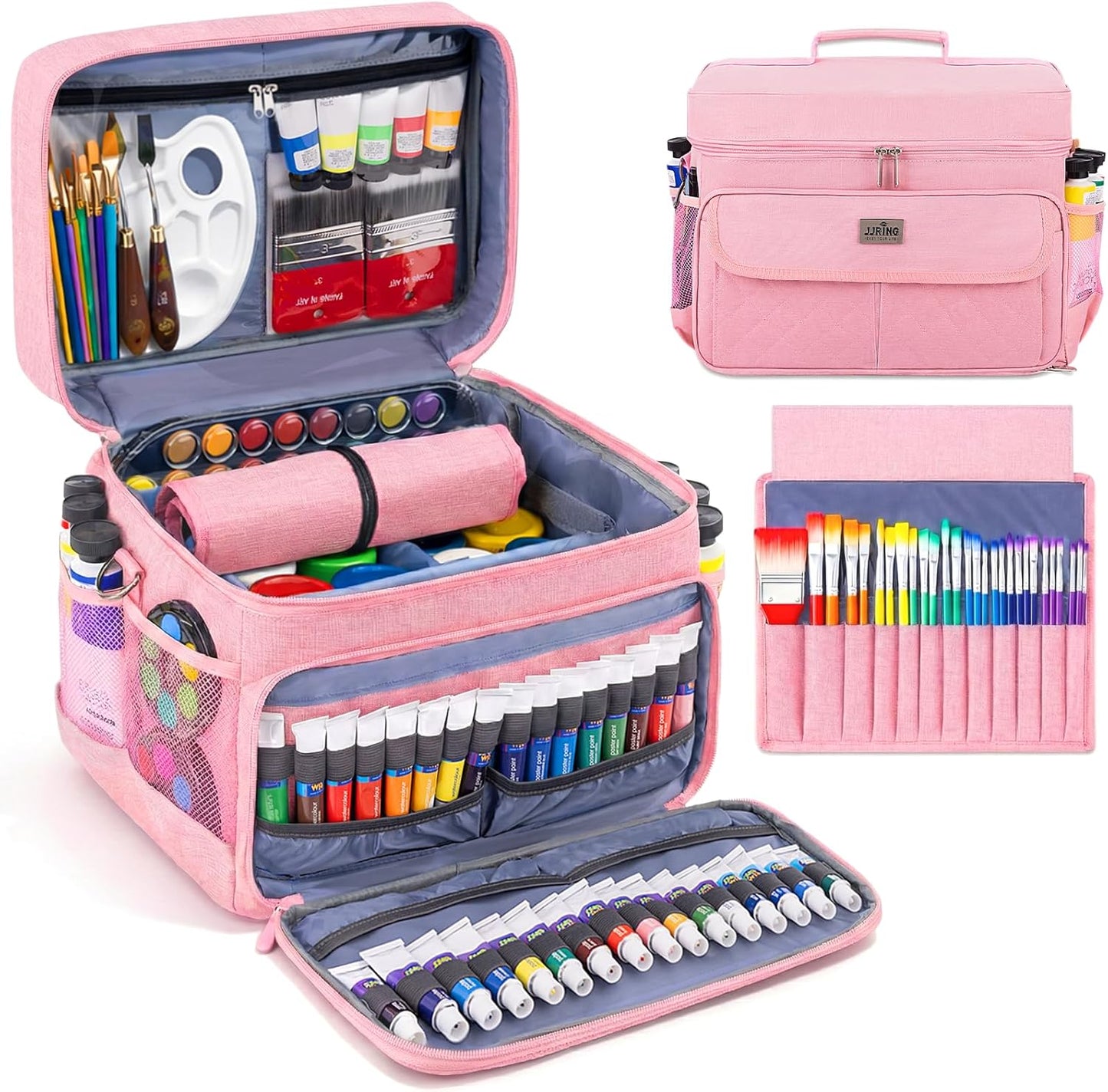 LAVFOX Adjustable Paint Storage Bag, Portable Art Supplies Organizer Tote with 12 Brush Slots for Multi-Size Acrylic Bottles and Craft Accessories