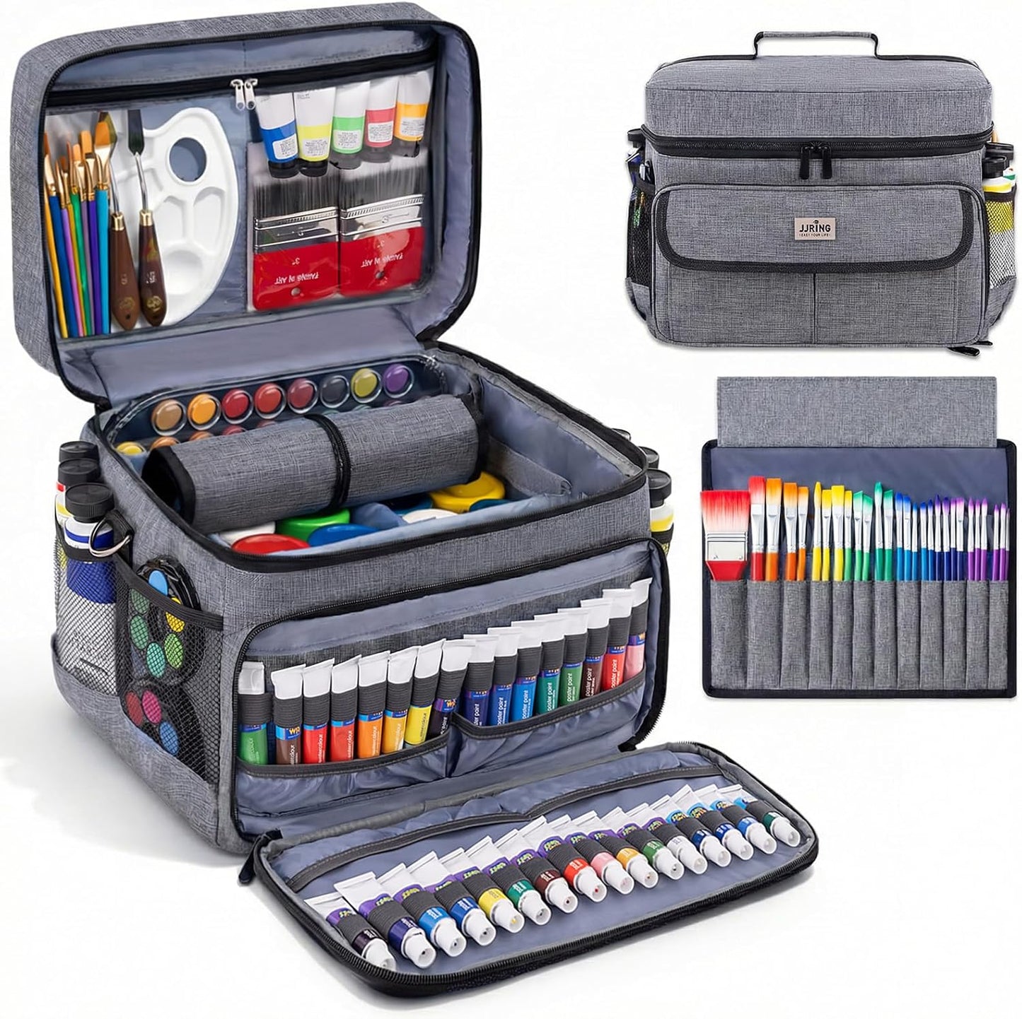 LAVFOX Adjustable Paint Storage Bag, Portable Art Supplies Organizer Tote with 12 Brush Slots for Multi-Size Acrylic Bottles and Craft Accessories