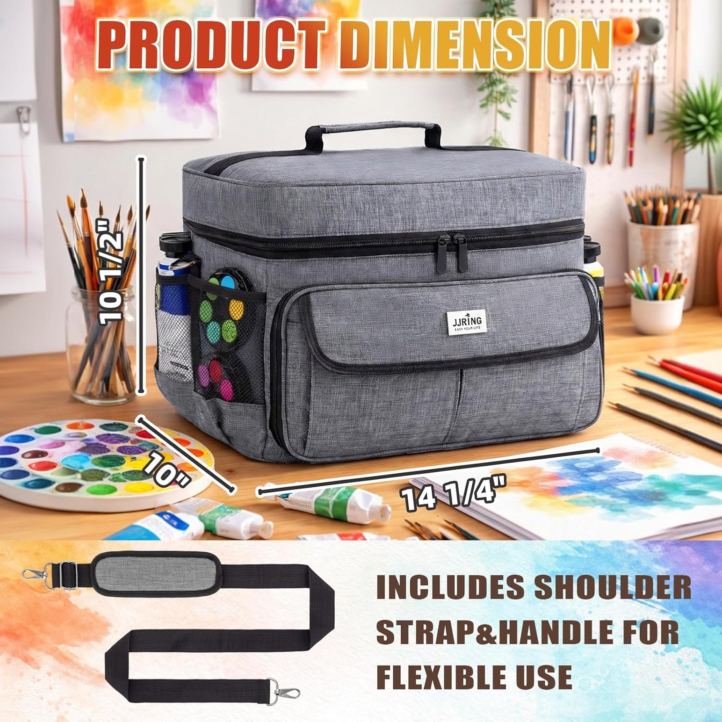 LAVFOX Adjustable Paint Storage Bag, Portable Art Supplies Organizer Tote with 12 Brush Slots for Multi-Size Acrylic Bottles and Craft Accessories