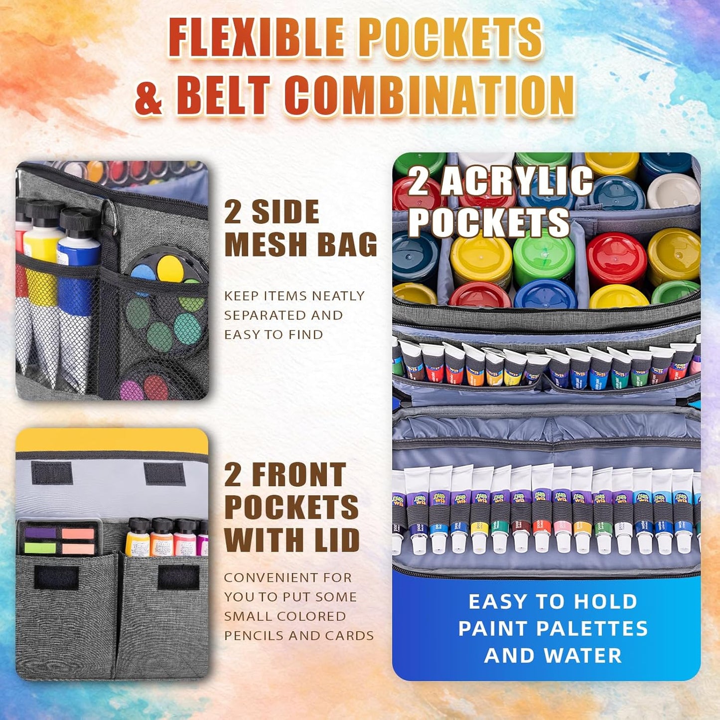 LAVFOX Adjustable Paint Storage Bag, Portable Art Supplies Organizer Tote with 12 Brush Slots for Multi-Size Acrylic Bottles and Craft Accessories