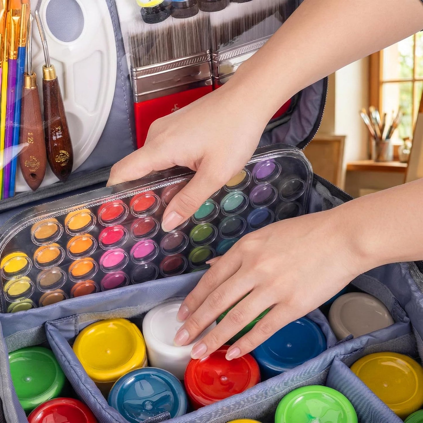 LAVFOX Adjustable Paint Storage Bag, Portable Art Supplies Organizer Tote with 12 Brush Slots for Multi-Size Acrylic Bottles and Craft Accessories